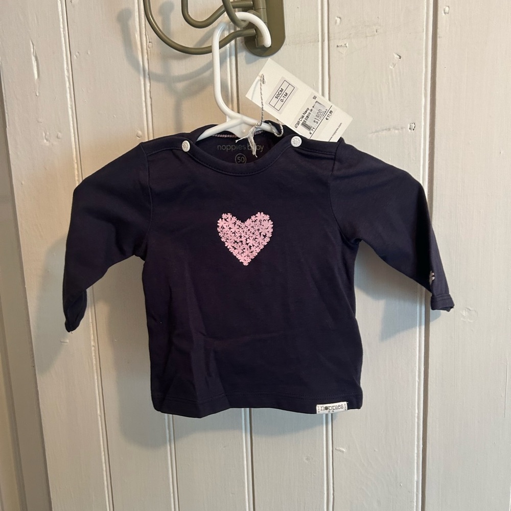 NEW Noppies 0-1m navy blue with pink floral heart long sleeve top